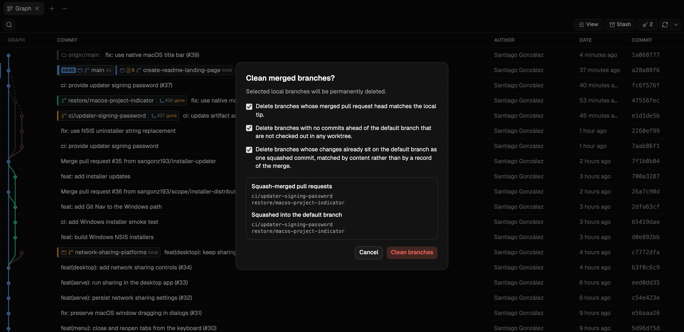 The branch cleanup dialog, listing the branches that match each signal