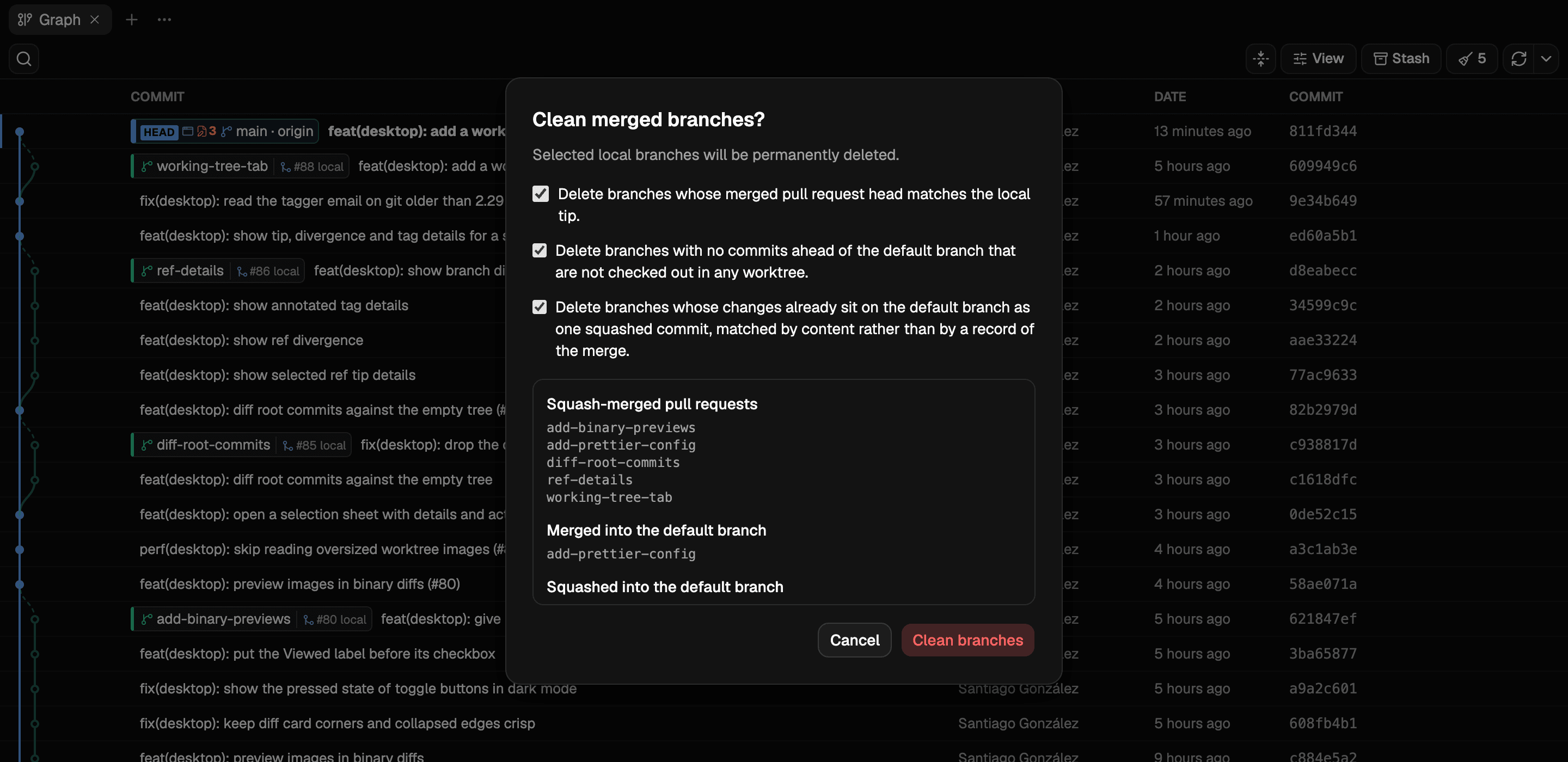 Git Nav's branch cleanup preview, with separate groups for merged pull requests, merged branches and content-matched squash merges