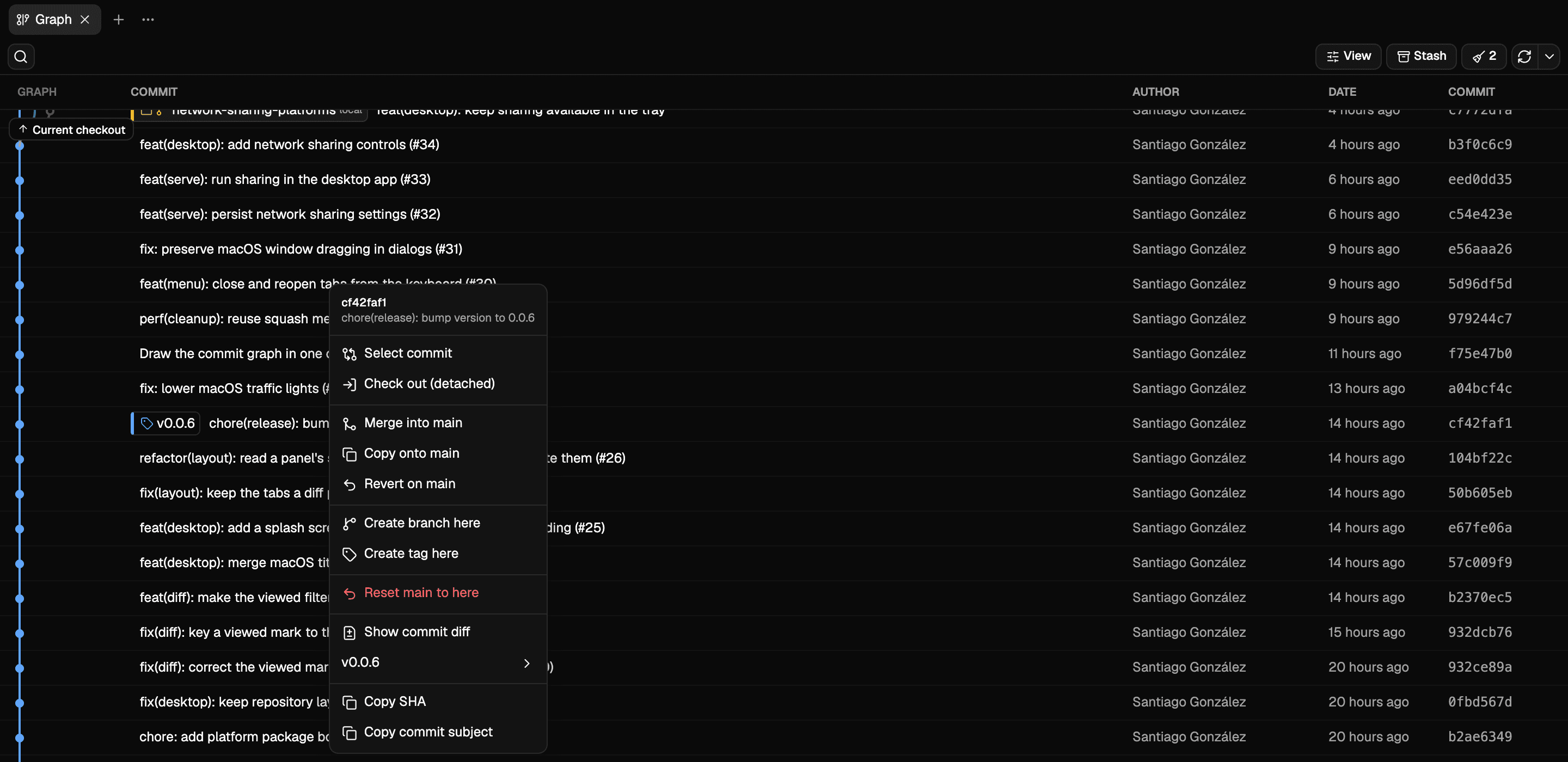 The commit menu, listing the operations available for the selected commit