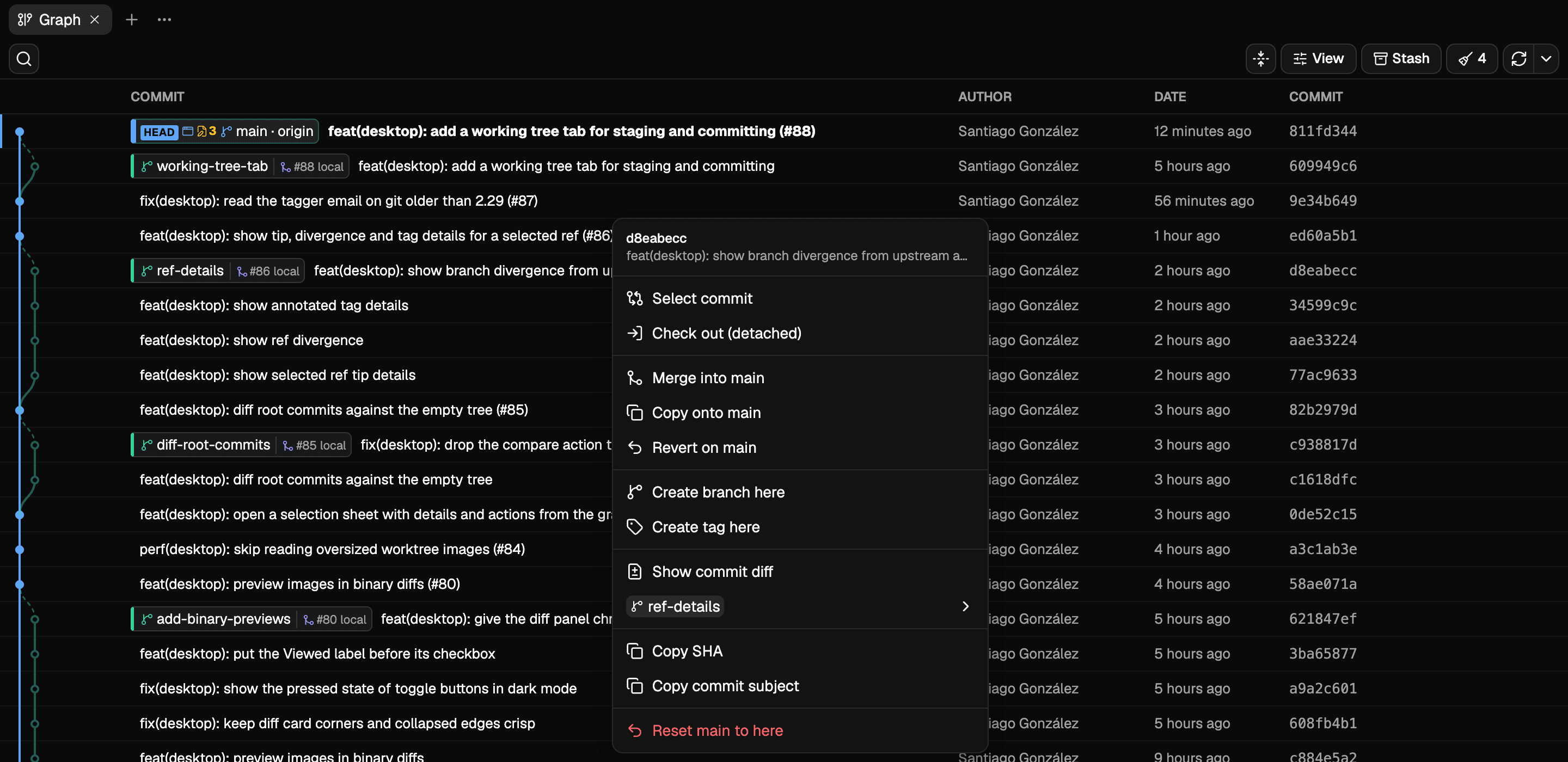 The commit menu, listing the operations available for the selected commit