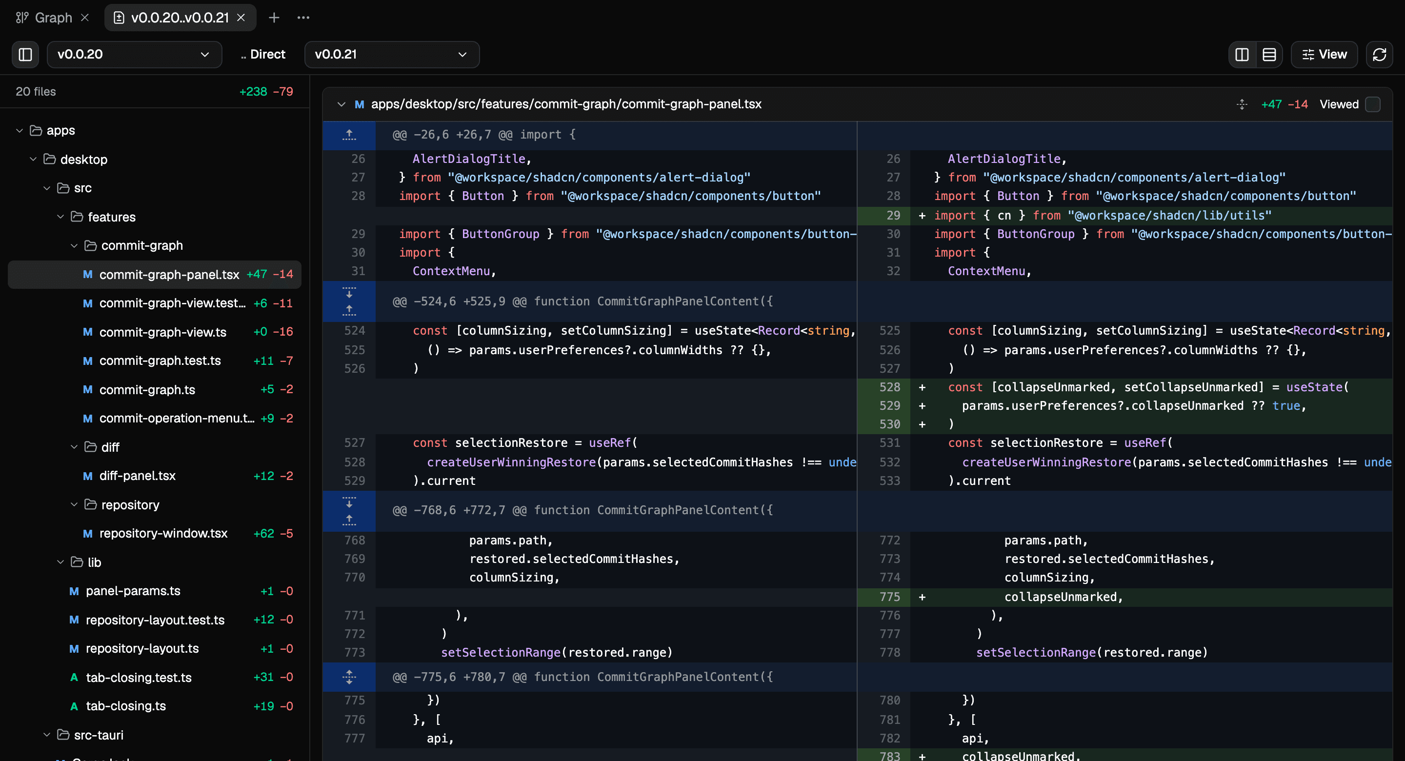 Git Nav comparing two release tags with a file tree, split diff and Viewed control